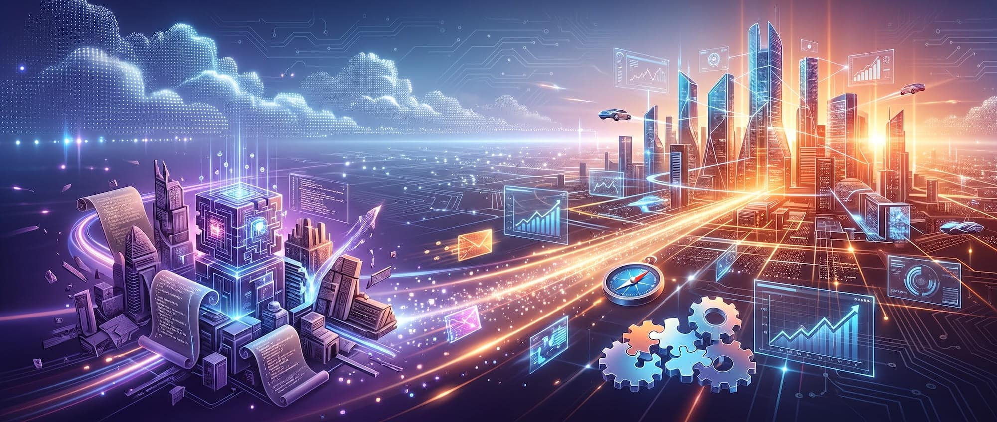 Eine futuristische digitale Landschaft im Ultrawide-Format, die den technologischen Wandel darstellt. Von einem leuchtenden Cluster aus Daten und Code auf der linken Seite führt ein dynamischer Pfad aus Lichtpartikeln über ein Netzwerk zu einer strahlenden, modernen Smart City auf der rechten Seite. Der Stil ist 'Corporate Futurism' mit starken Bloom-Effekten und atmosphärischen Lichtstreifen, die eine fortschrittliche Shopware-Migration symbolisieren.