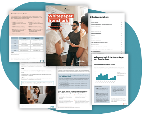 Produktfoto Whitepaper Produktfoto für das Ironshark Produkt "Whitepaper", auf dem Auszüge aus verschiedenen Whitepapers abgebildet sind.